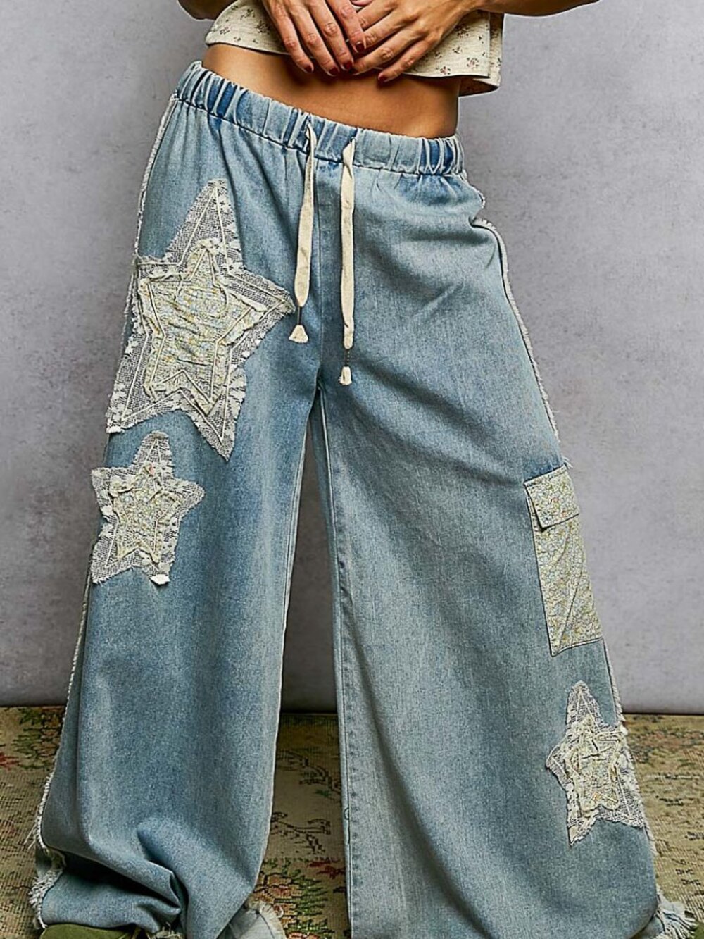 "Bella Star" POL Lt Blue Denim-Look French Terry Wide Leg Star Jeans Pants